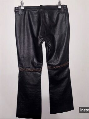 Tommy Hilfiger Black Leather Flared Pants with Braided Trim